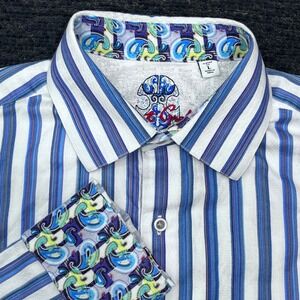 Robert Graham Mens Large Classic Fit Blue White Striped Jacquard Paisley Shirt